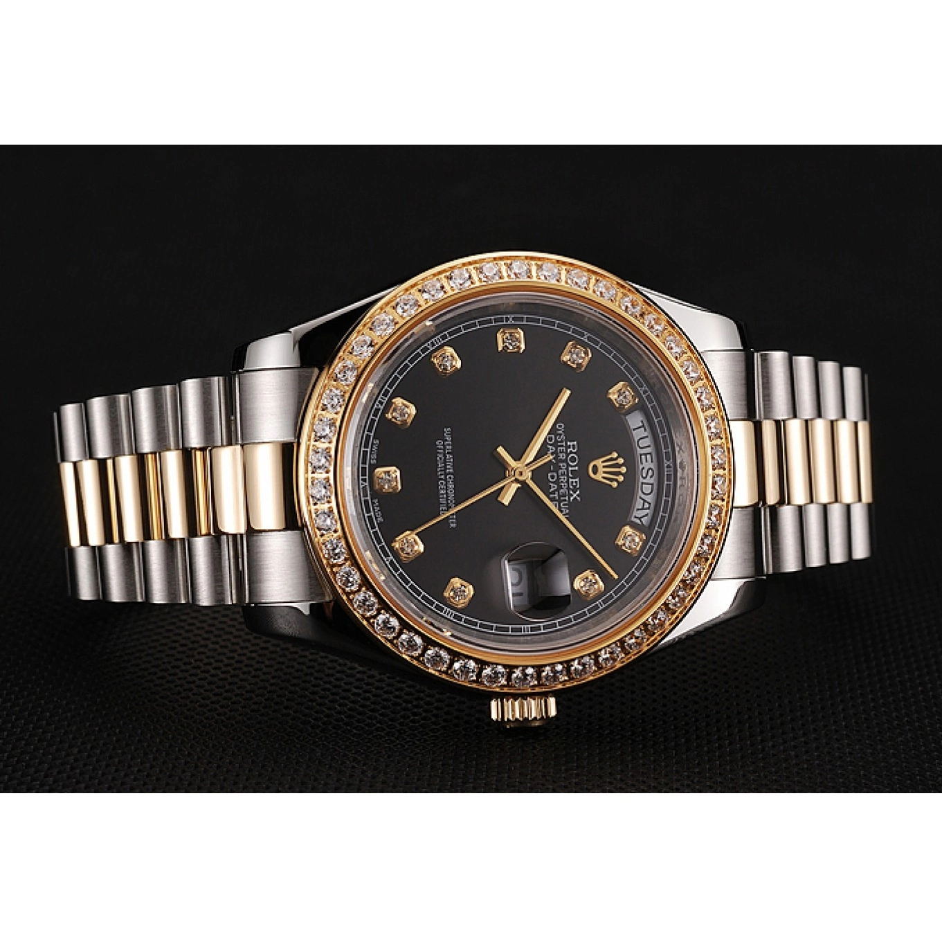 Aaa fake watches Stainless 1453975 Two Bracelet Swiss Gold Dial Steel Tone Case Day-Date Rolex Diamond Black 0806